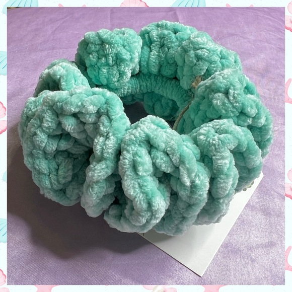 ⭐️ Handmade Crochet VELVET Aqua Green Coastal Adventure Chunky Hair Scrunchie - Picture 6 of 6